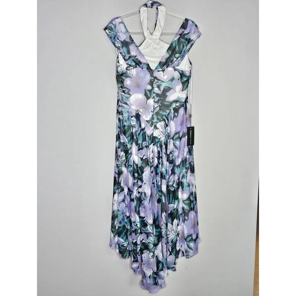 NWT Tadashi Shoji ARLENE CUTOUT HALTER FLORAL MIDI DRESS BUI22121MD Iris Size 12 - Picture 9 of 16